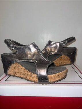 Pierre Dumas Metallic Pewter Cork Wedge Sandals